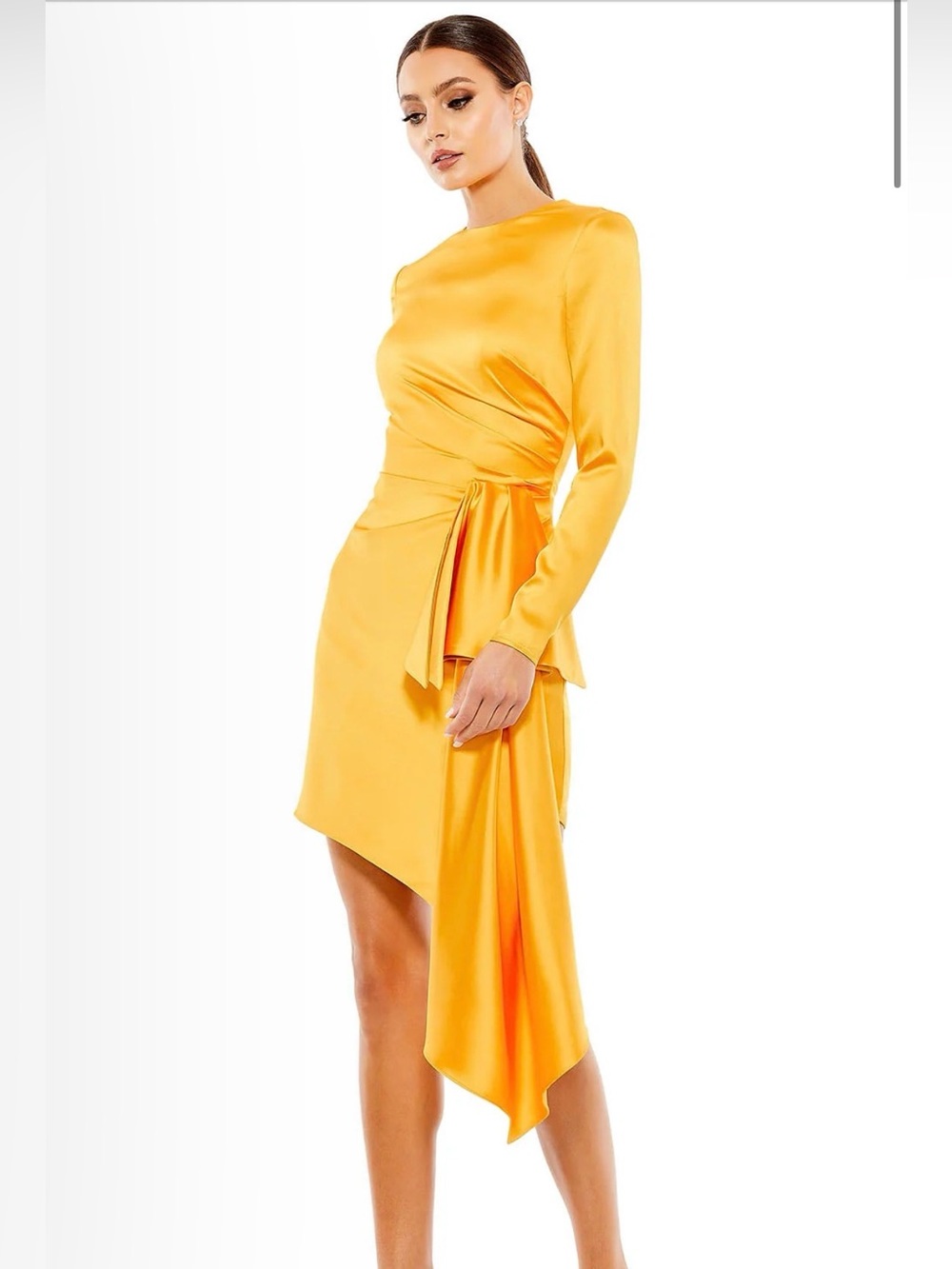 leena Mac Duggal Asymmetrical Draped Long Sleeve Mini Dress Marigold 4 NWT $398